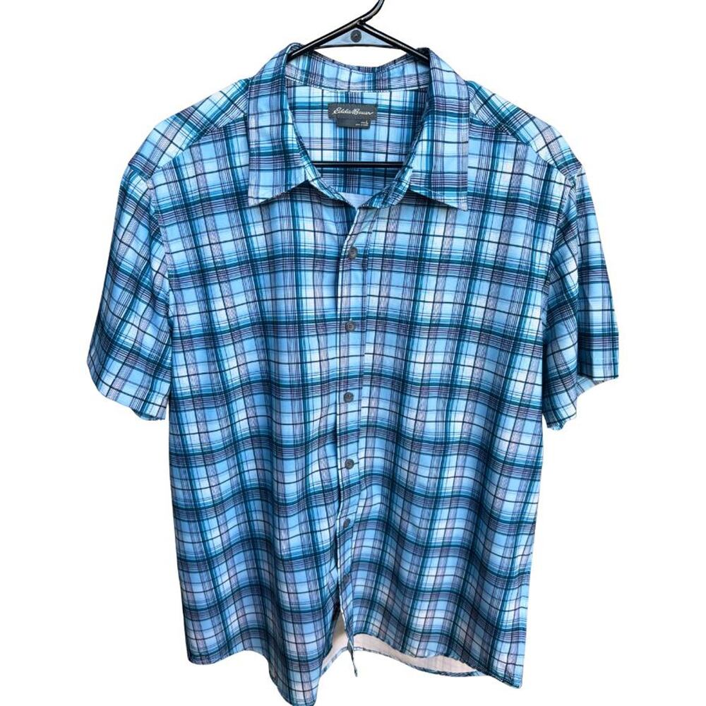 Eddie Bauer Plaid Button Down Shirt Men’s Large L Blue Green Cotton Casual